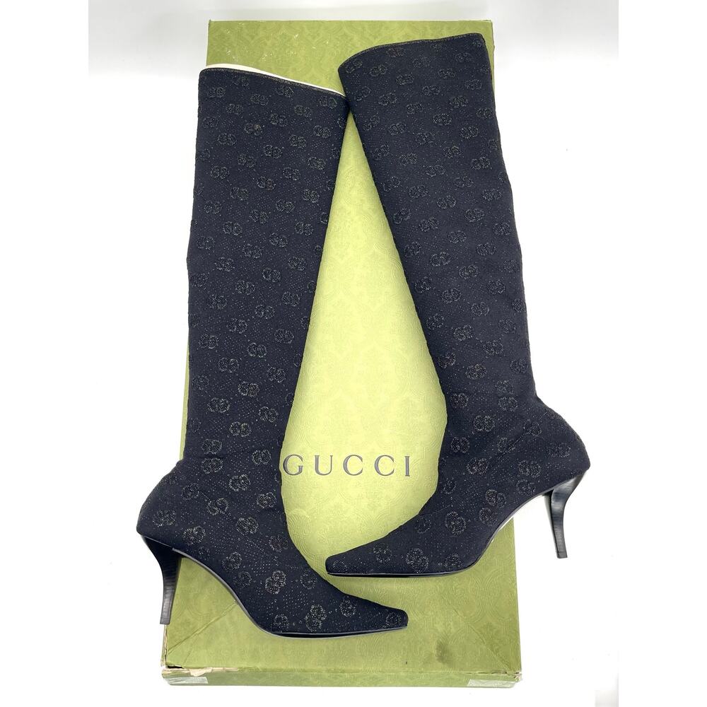 Gucci Demi Black GG Logo Metallic Stretch Knit Over-the-Knee Sock Boots IT 39.5